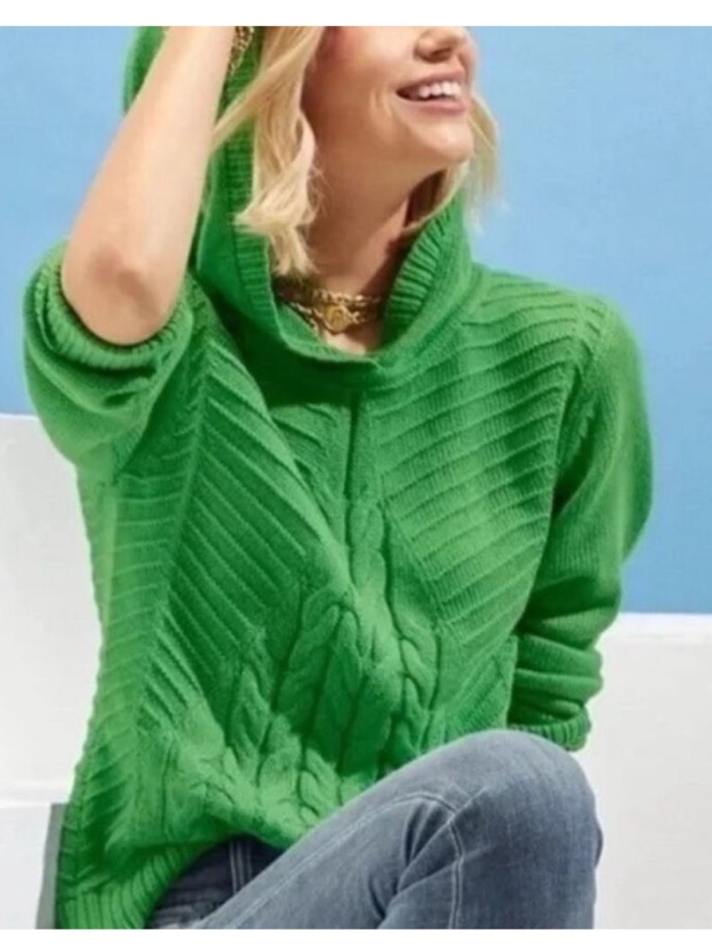 CAbi Kelly Green Cable-Knit Hooded Sweater - EUC!